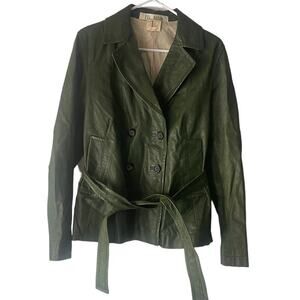 Hh_Hhh Women Size Large Made In Turkey Green Leather Double Breasted Belted Coat
